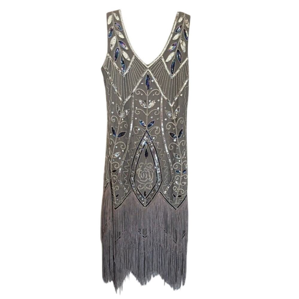 Metme Silver Gray Sequin Fringe Flapper Dress Gatsby Art Deco Cocktail Size M